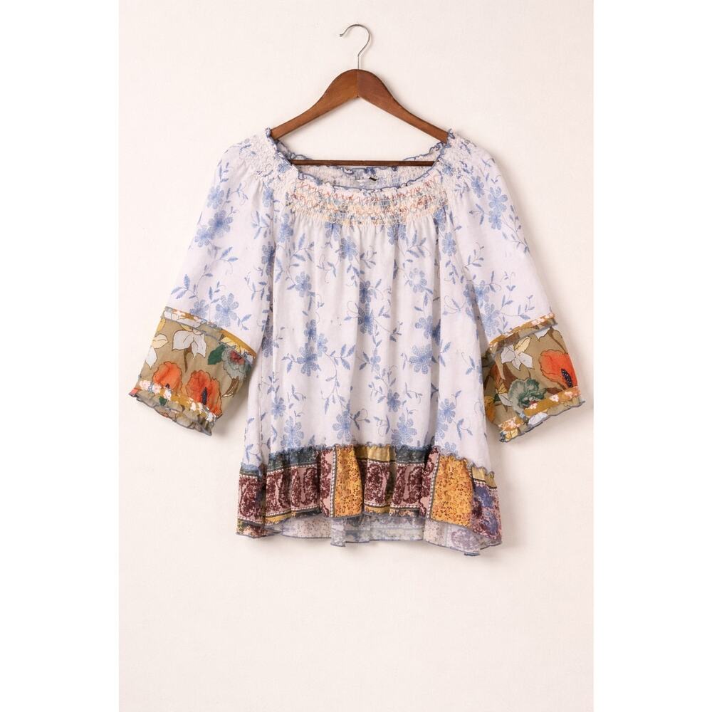 John Mark Boho Peasant Blouse Floral Patchwork Smocked Bohemian Top Size M